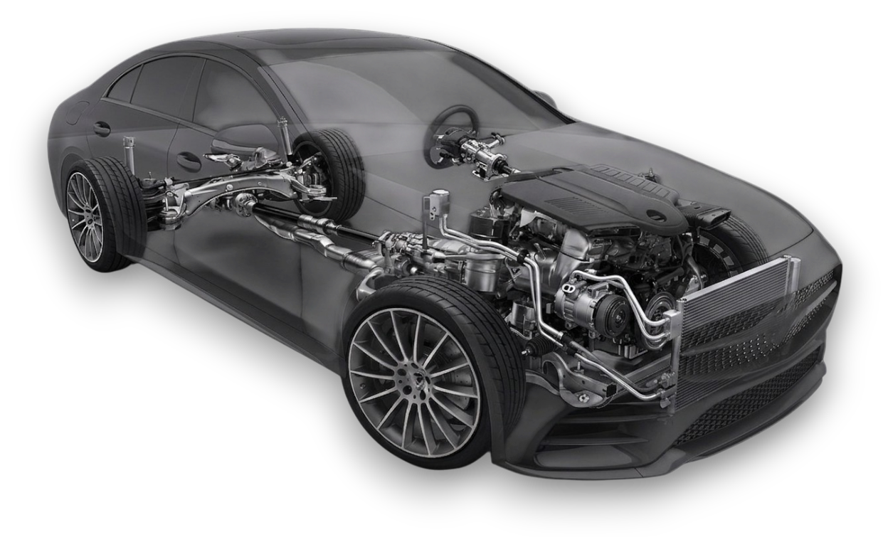 Transparent vehicle cutaway showing the car's engine, wheels, and mechanical systems